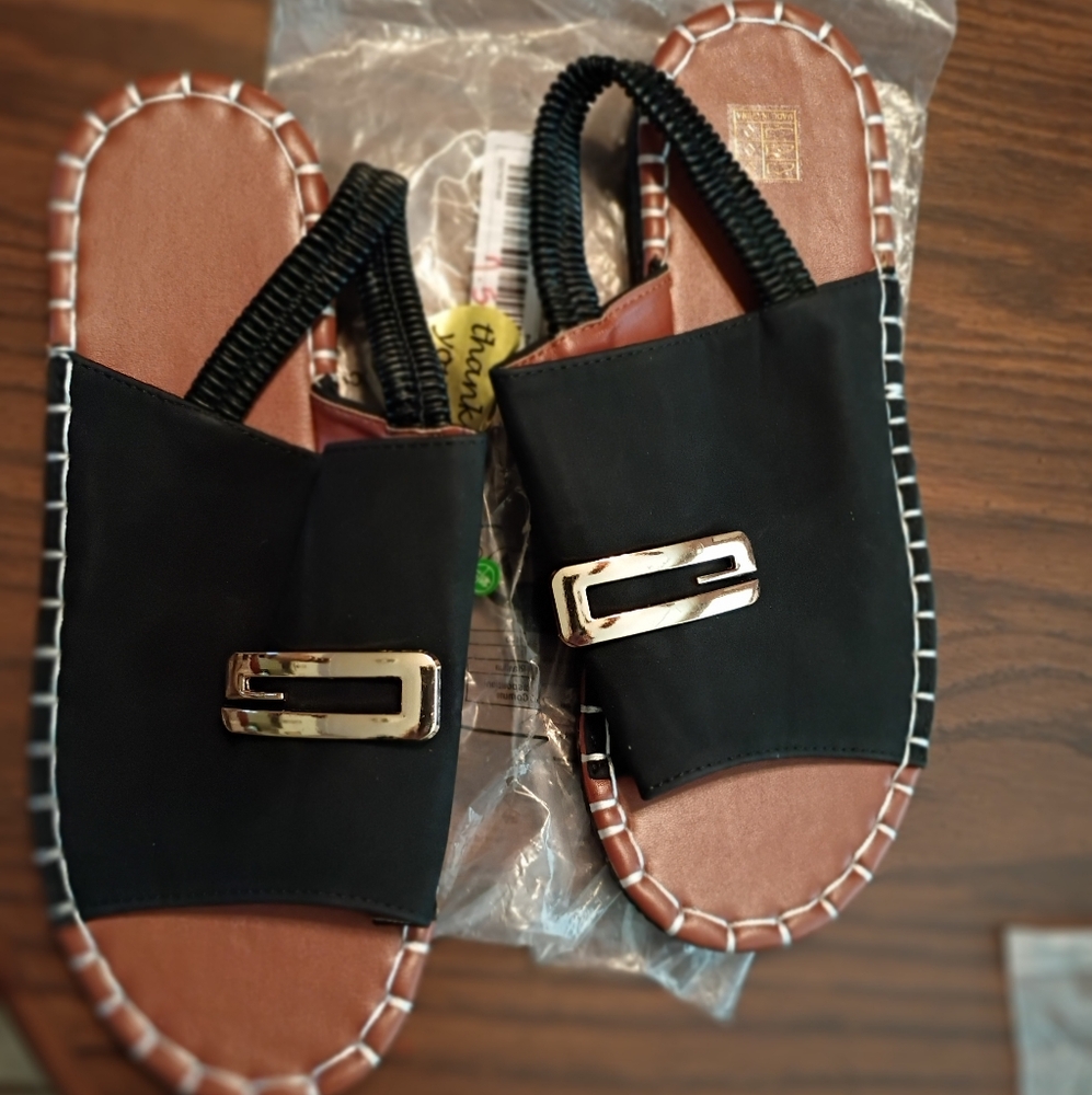 Women's  Black Sandals with Gold Buckle
